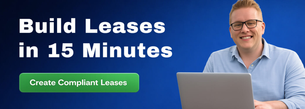 Smiling landlord on a laptop next to text that says "Build Leases in 15 Minutes" and a button that says "Create Compliant Leases"