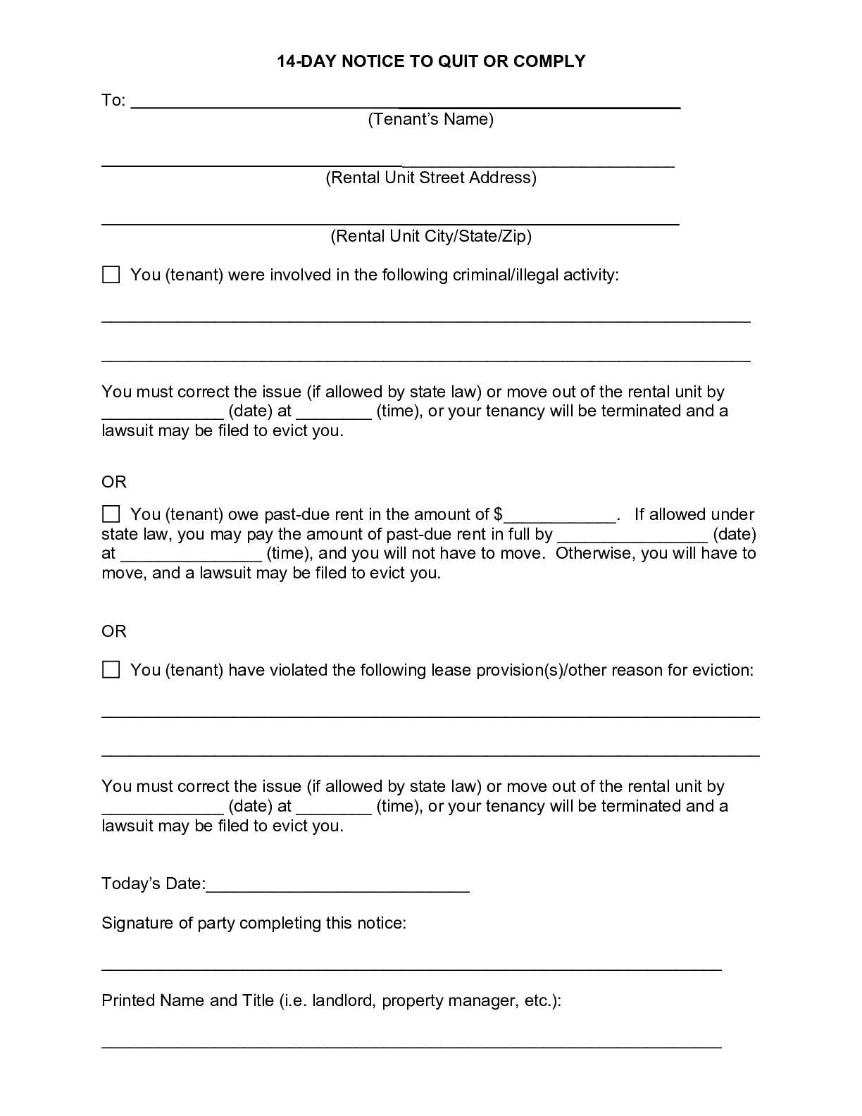 14 Day Eviction Notice Form to Pay Quit or Vacate PDF Word