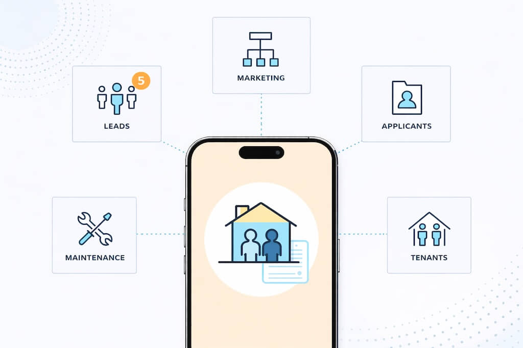 Graphic of a cell phone with 5 icons around it: Maintenance, Leads, Marketing, Applicants, Tenants