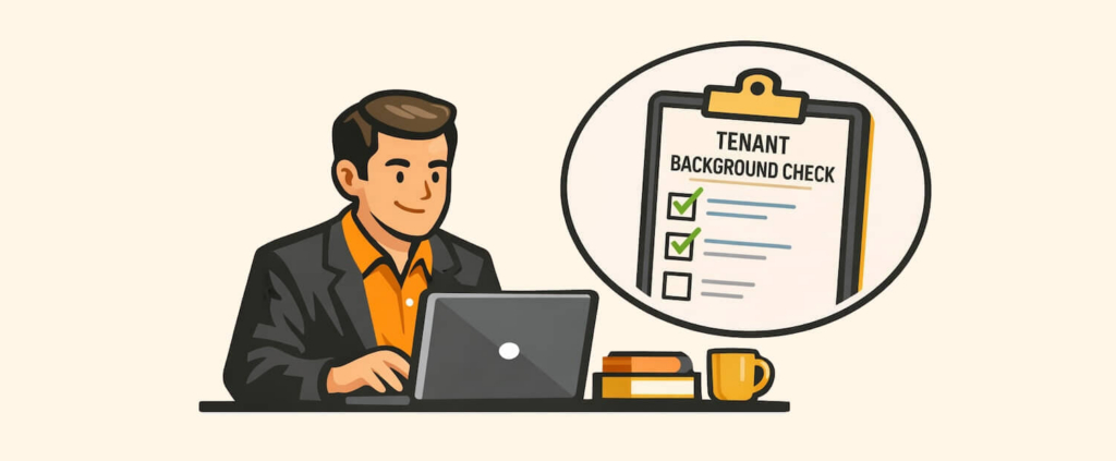 Landlord sitting at a laptop running a tenant background check
