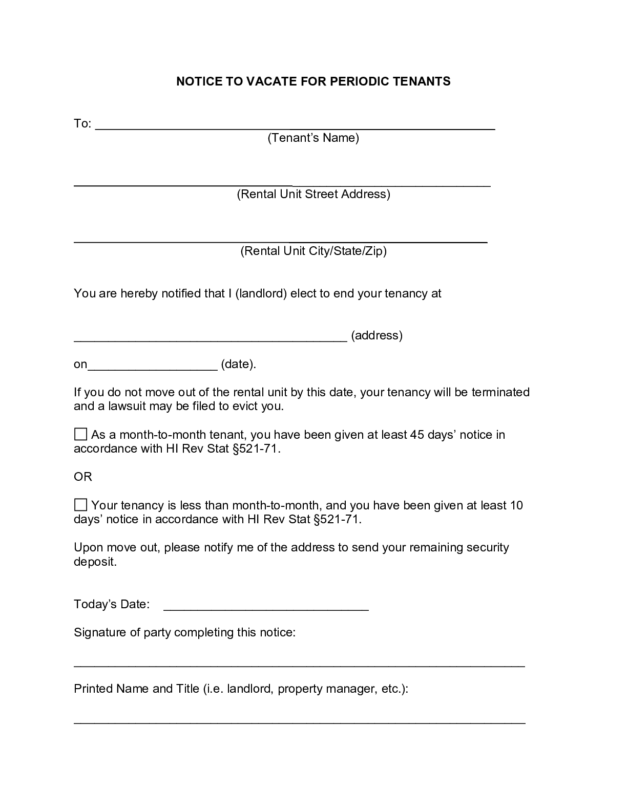 FREE Hawaii Eviction Notice Form [2021] Notice to Vacate PDF