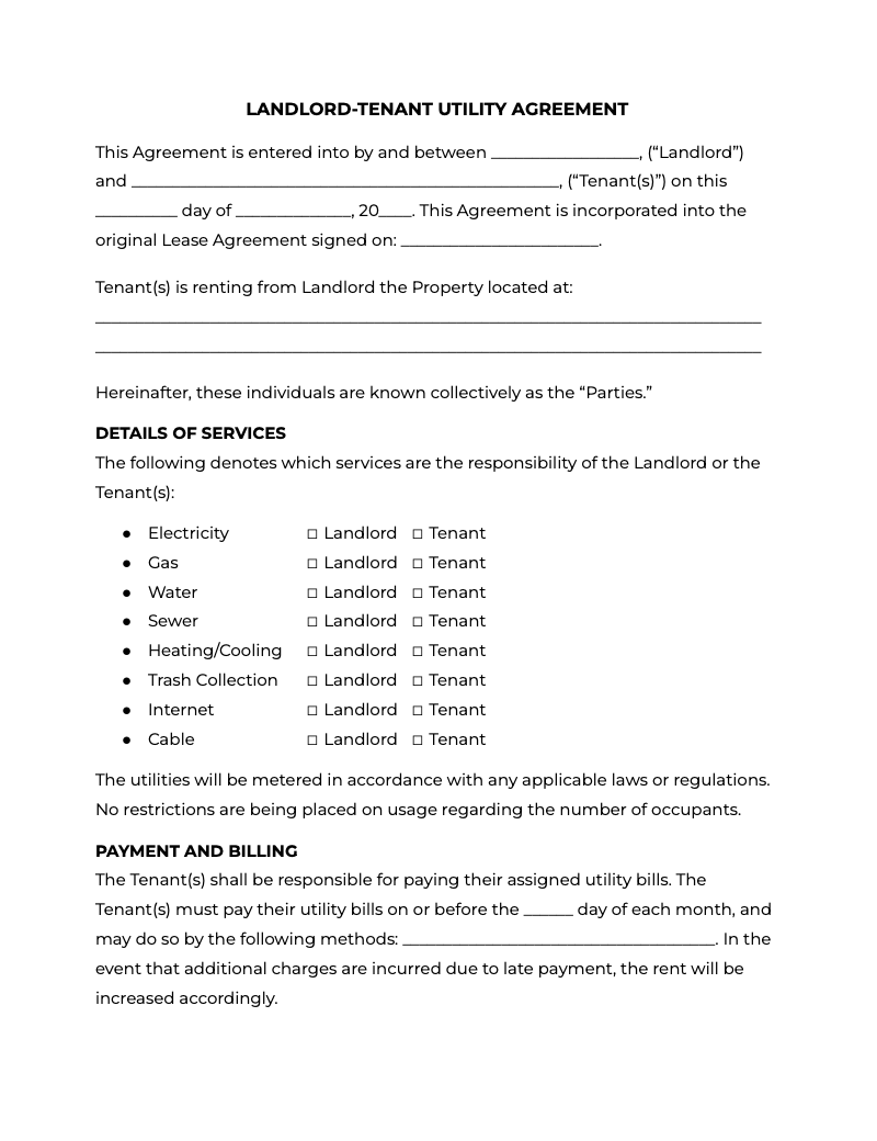 Landlord-Tenant Utility Agreement