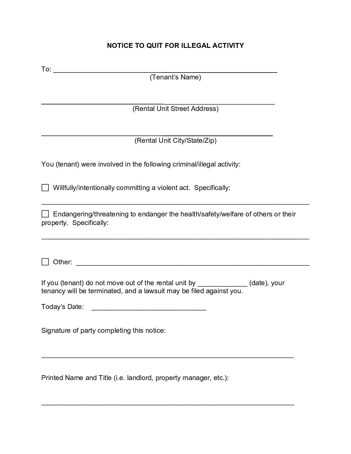 Eviction Notice Tn Template   Tennessee 3 Day Eviction Notice Form Template Illegal Activity 1 Pdf 791x1024 