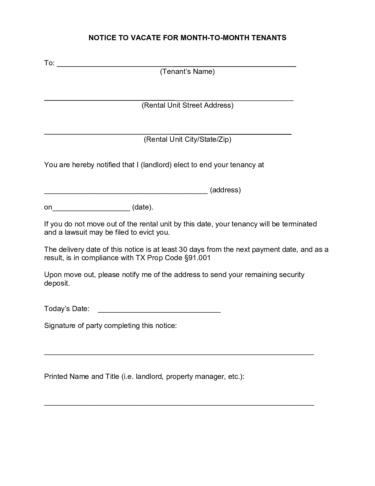 Texas Notice To Vacate Template