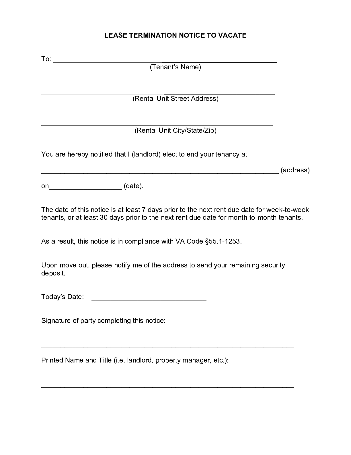 FREE Virginia Eviction Notice Form 2021 Notice To Vacate PDF