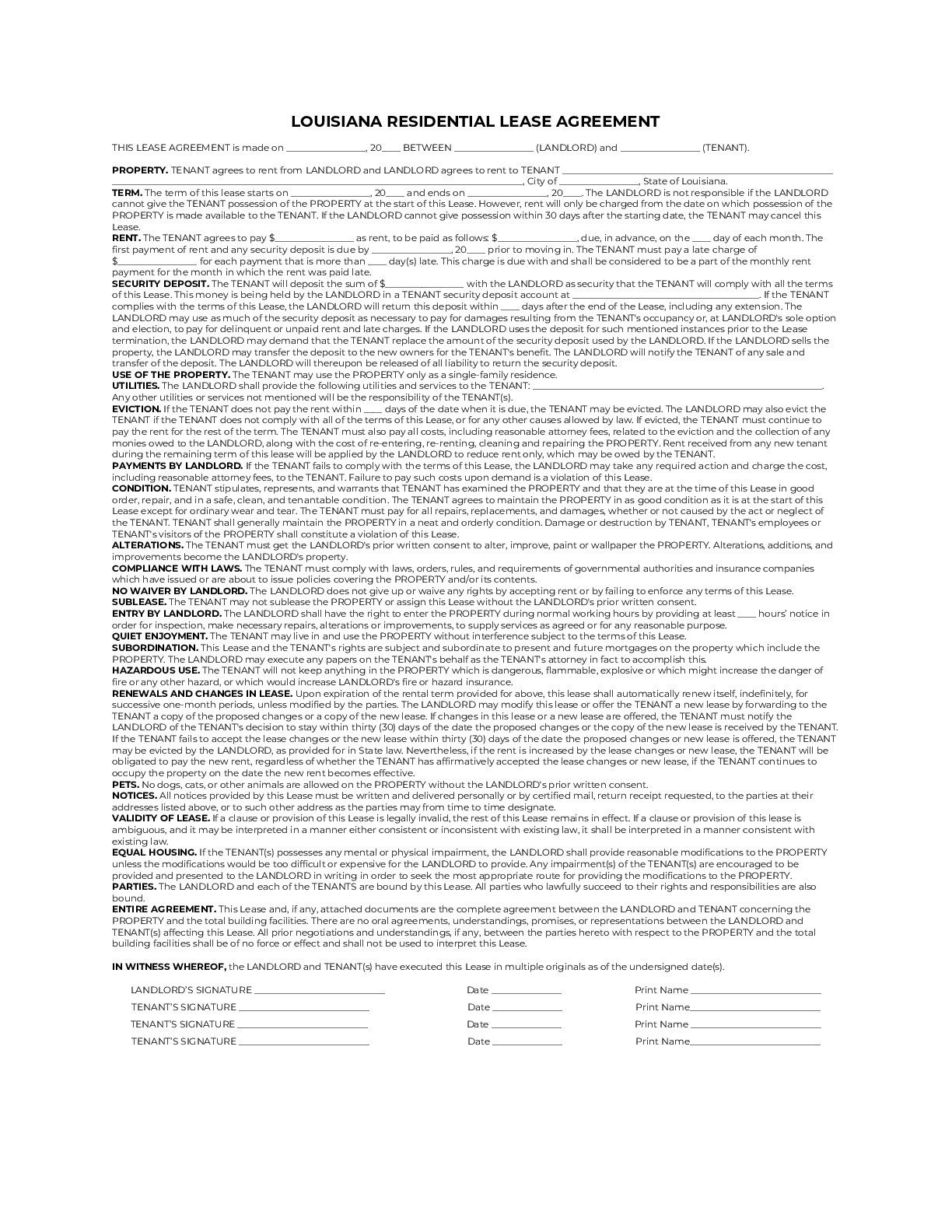 Louisiana Residential Lease Agreement [2021] PDF & Word