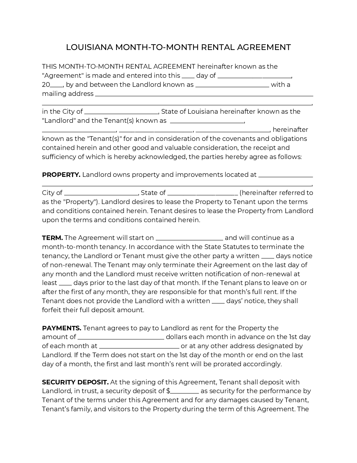 Louisiana Rental Lease Agreement Template 2025 PDF DOC