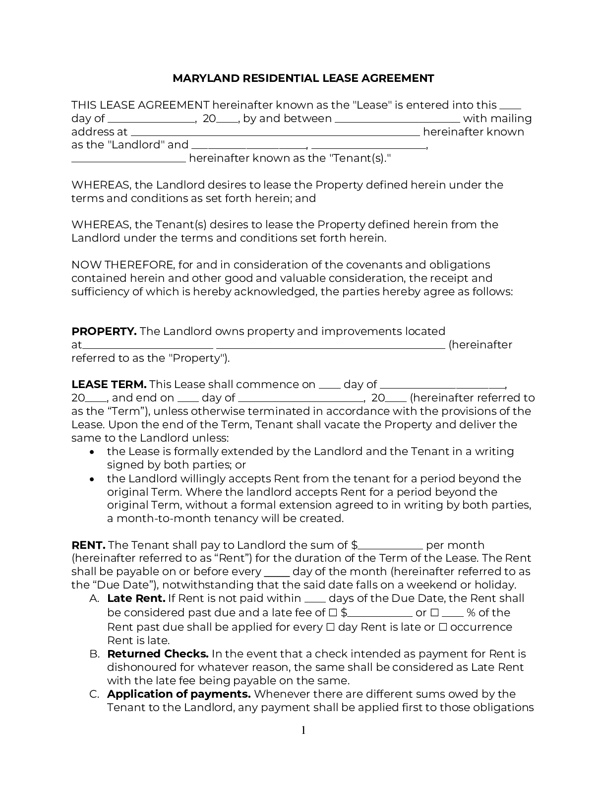 Maryland Lease Agreement (Free) 2021 Official PDF & Word