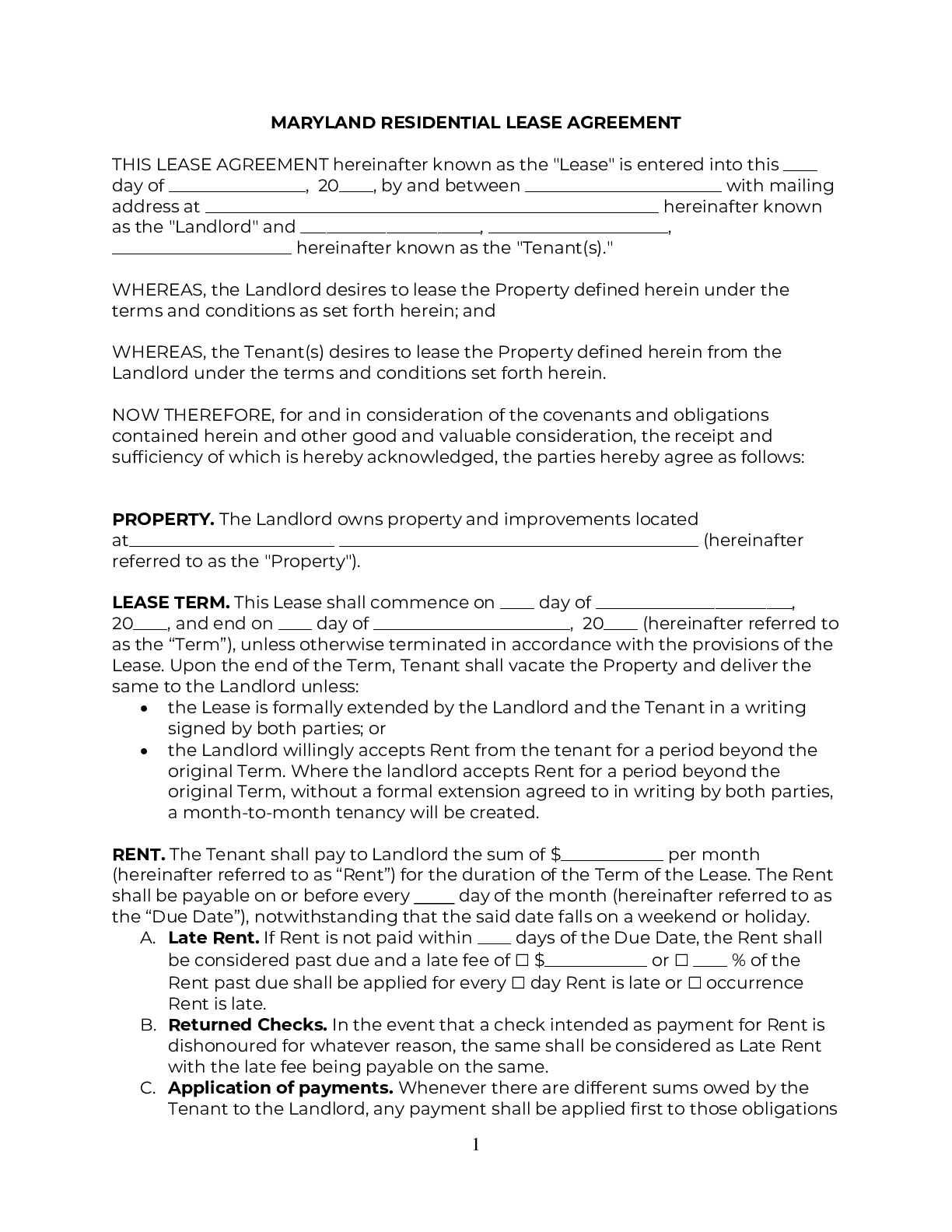 Maryland Lease Agreement Free 2021 Official PDF Word
