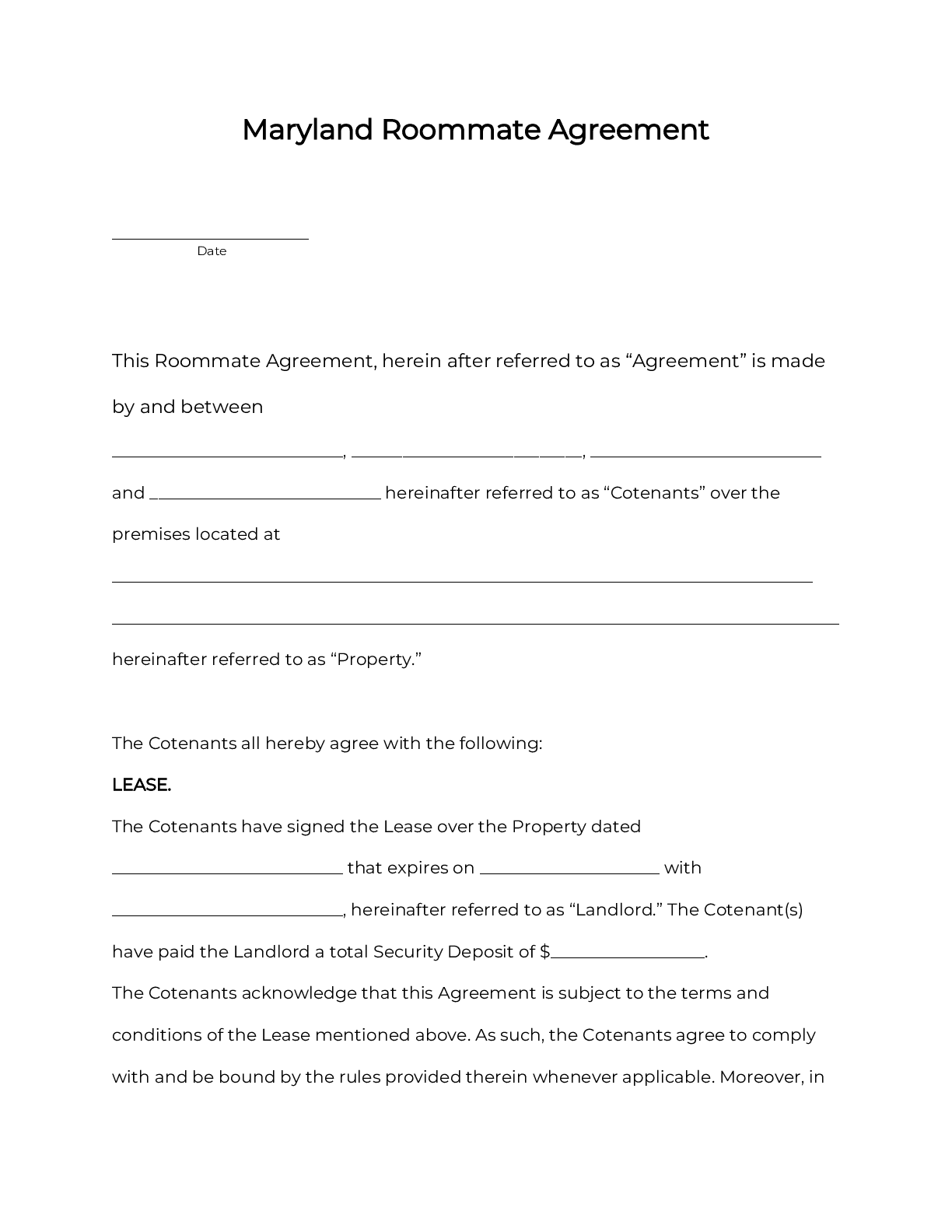 Maryland Rental Lease Agreement Template 2024 PDF DOC