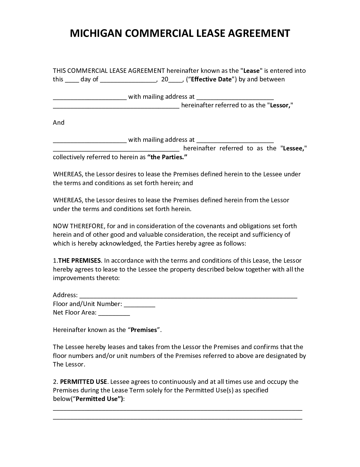 OFFICIAL Michigan Commercial Lease Agreement [20]  PDF Form For building rental agreement template
