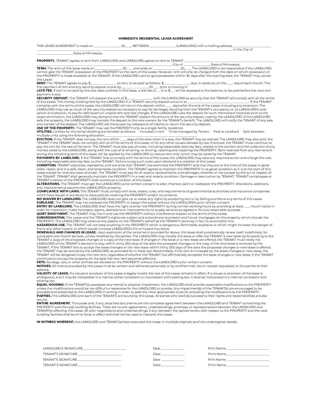 Minnesota Lease Agreement Free 2021 Official Pdf Word