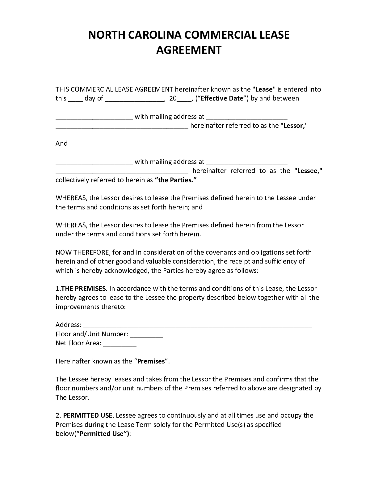 Official North Carolina Commercial Lease Agreement 2021 Pdf Form