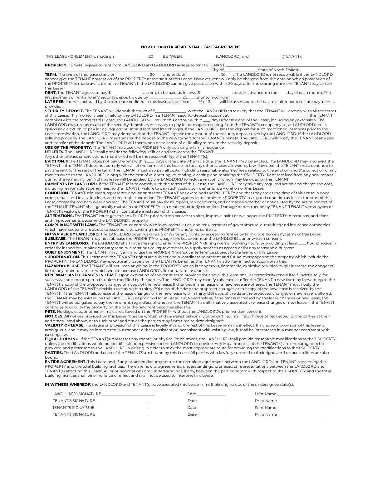 North Dakota Lease Agreement (Free) 2021 Official PDF & Word