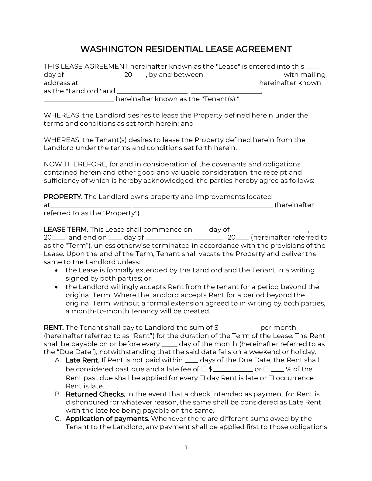 Washington Rental Lease Agreement Template 2024 PDF DOC