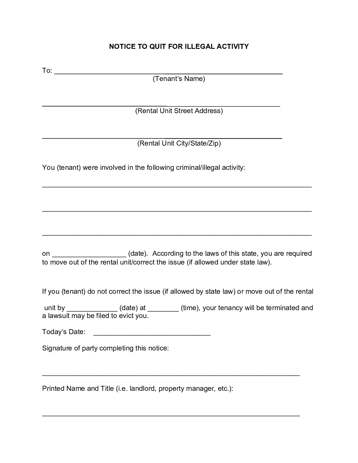 eviction notice form for illegal activity pdf word template