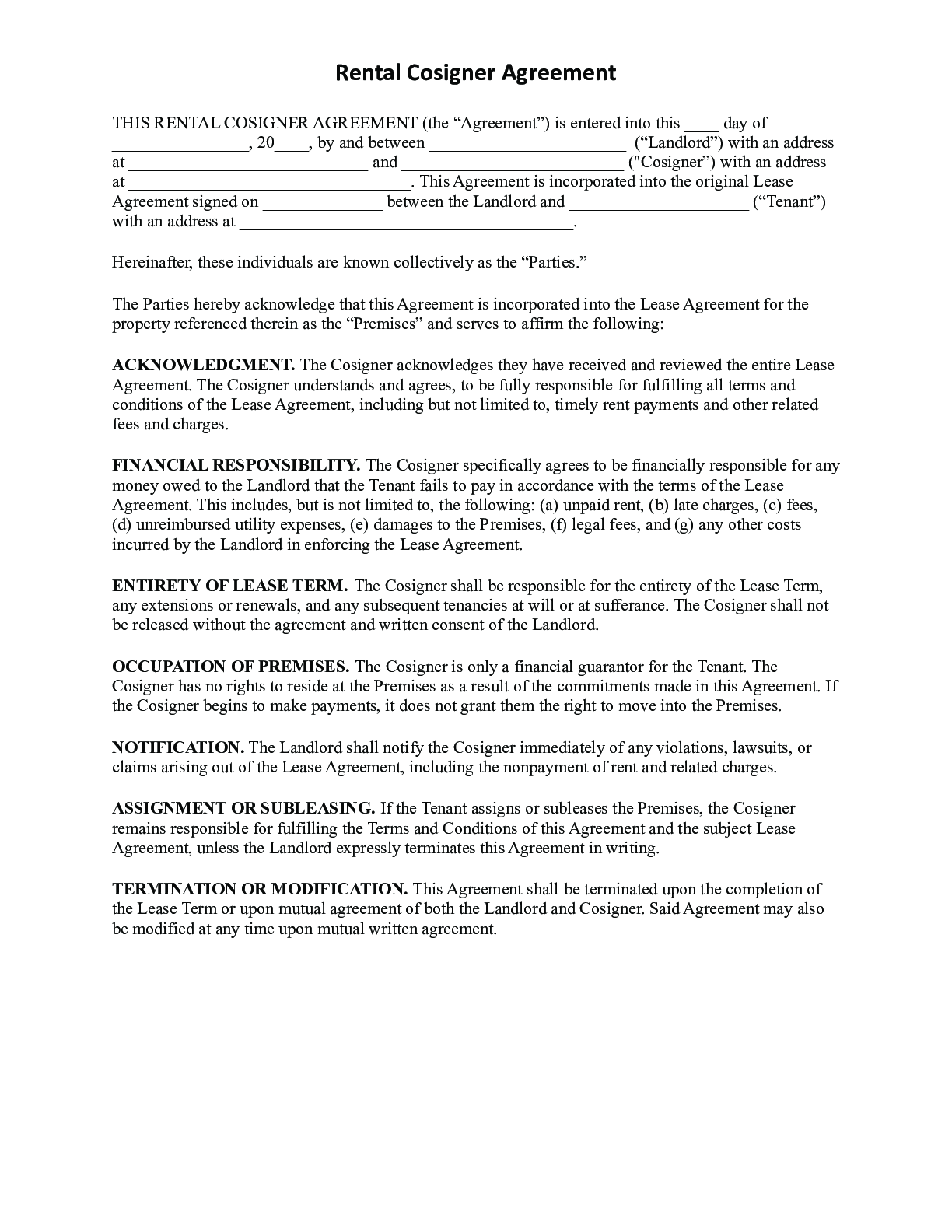 Rental Cosigner Agreement