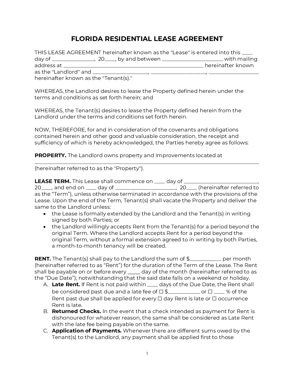 Florida Residential Lease Agreement 2021 PDF Word