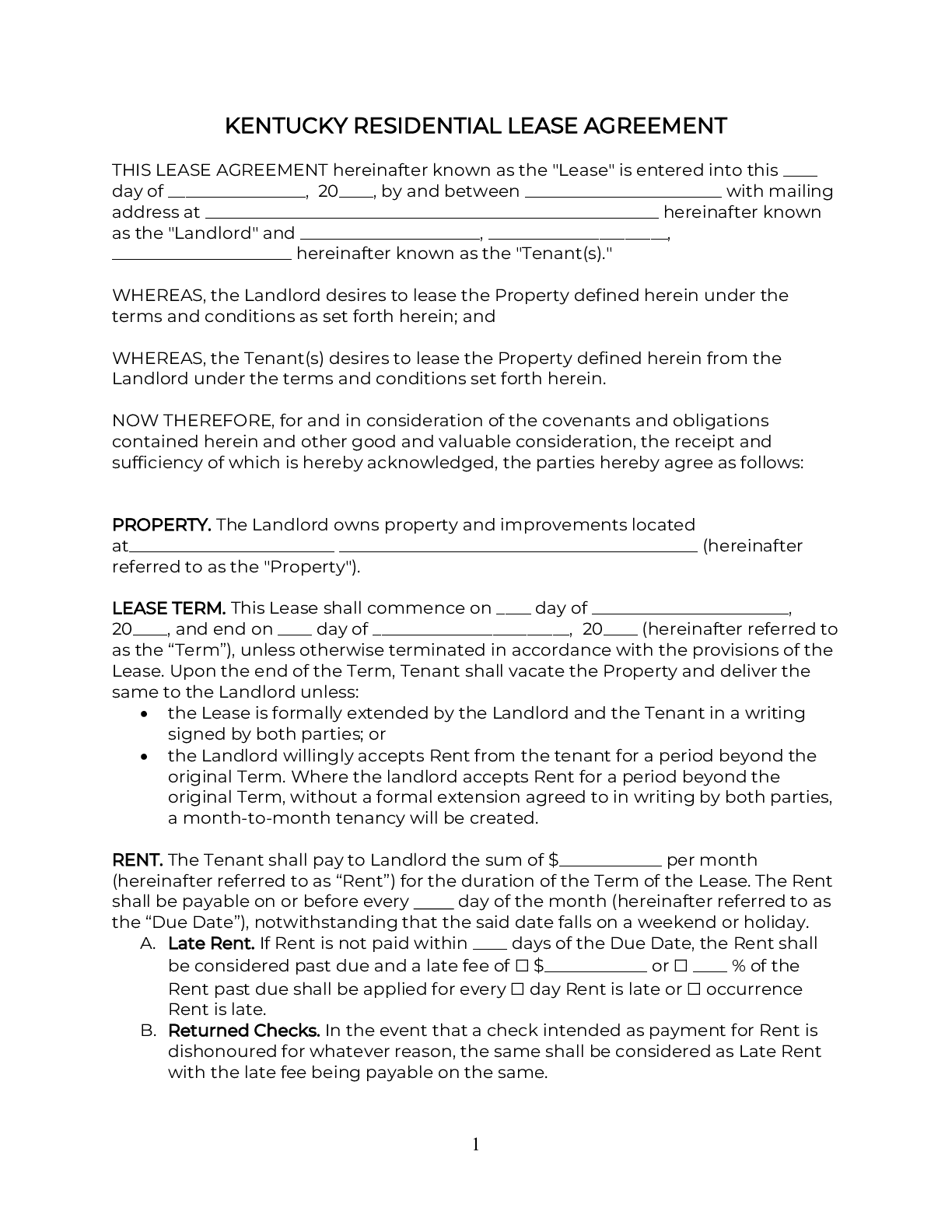 Kentucky Rental Lease Agreement Template 2024 PDF DOC