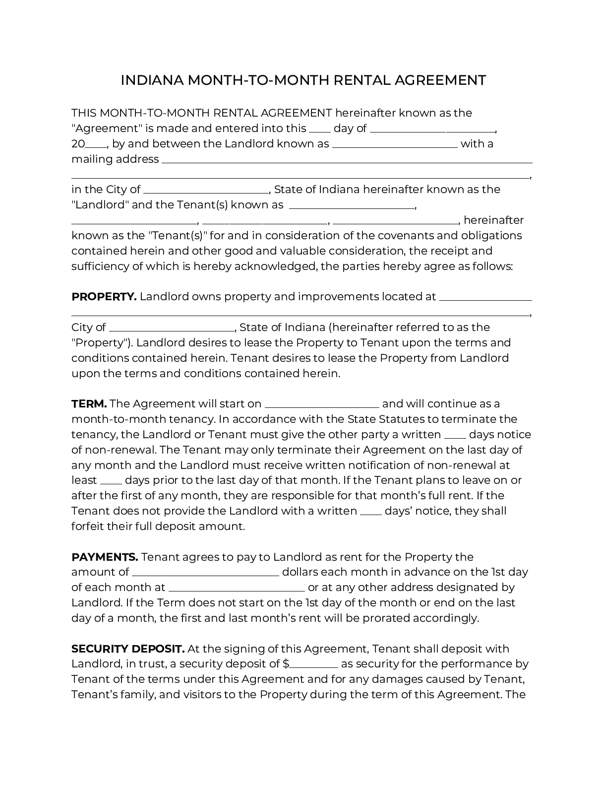 official indiana month to month rental agreement 2020 pdf form